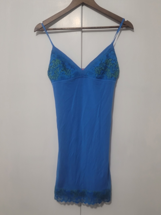 Natori Other - Natori Blue Slip Chemise with Green Lace Accents